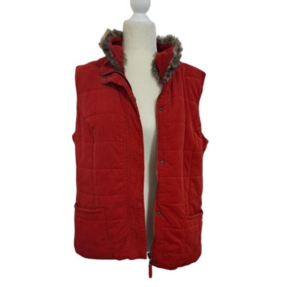 Charter Club Corduroy Puffer Vest Red Faux Fur Collar Women's Large - Picture 2 of 8